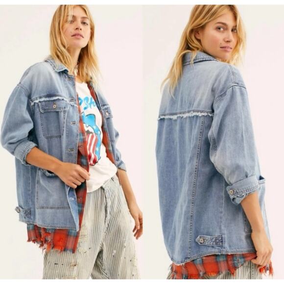 Free People Field Day Denim Jean Jacket Distressed Relax Flannel Plaid Lined S - Picture 1 of 16